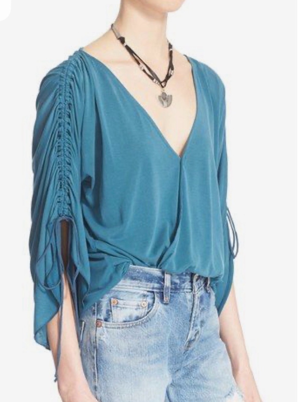 Free People Teal V-Neck Blouse with Ruched Sleeve Detail